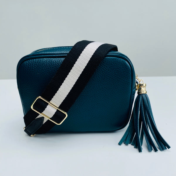 Teal Leather Tassel Cross Body Bag monochrome strap