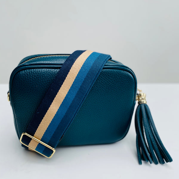 Teal Leather Tassel Cross Body Bag with blues stripe bag strap