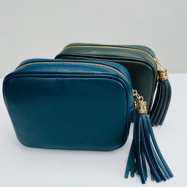 Teal and dark green Leather Tassel Cross Body Bag 