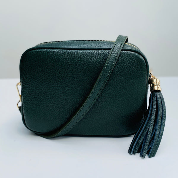 Dark Green Leather Tassel Cross Body Bag