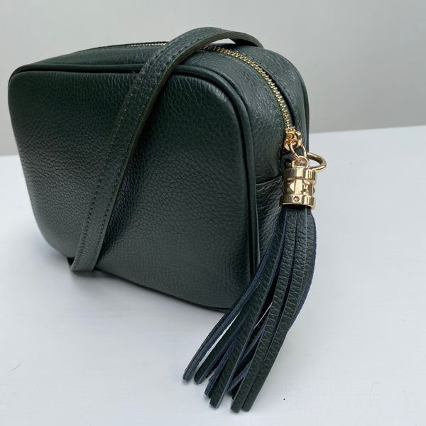 Dark Green Leather Tassel Cross Body Bag