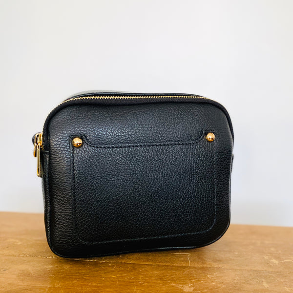 Black Leather Double Zip Cross Body Bag