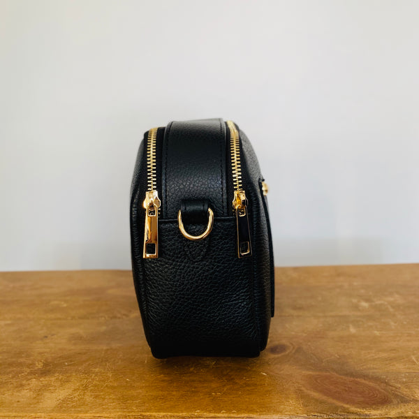 Black Leather Double Zip Cross Body Bag