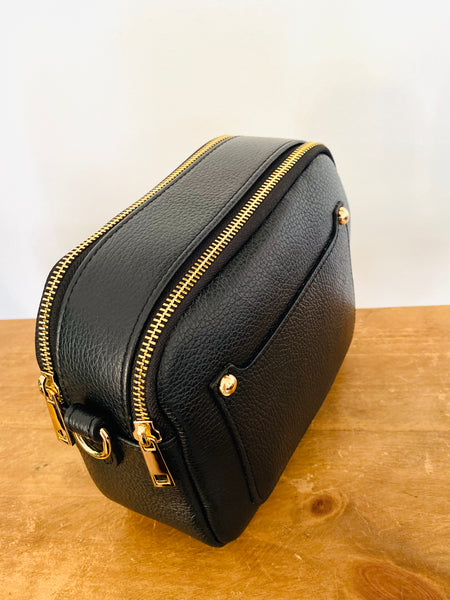 Black Leather Double Zip Cross Body Bag