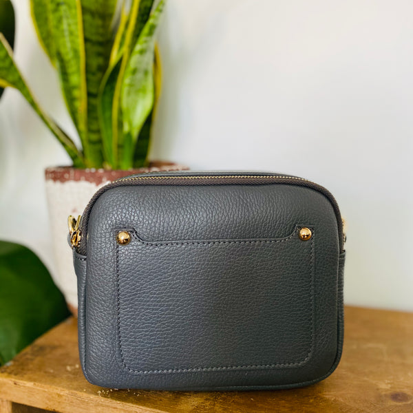 Dark Grey Leather Double Zip Cross Body Bag