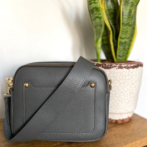 Dark Grey Leather Double Zip Cross Body Bag