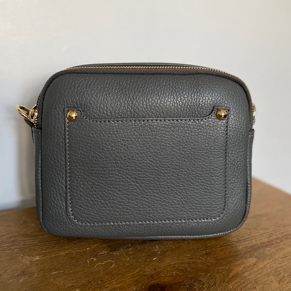 Dark Grey Leather Double Zip Cross Body Bag
