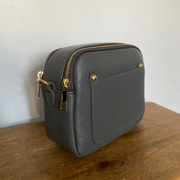 Dark Grey Leather Double Zip Cross Body Bag