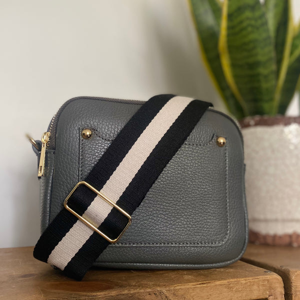 Dark Grey Leather Double Zip Cross Body Bag