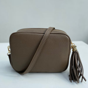 Taupe Leather Tassel Cross Body Bag