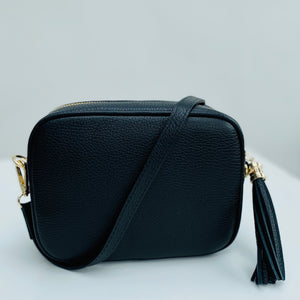 Black Leather Tassel Cross Body Bag