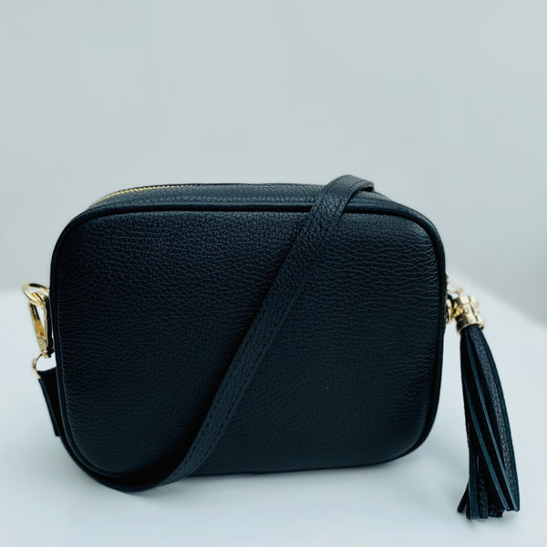 Black Leather Tassel Cross Body Bag
