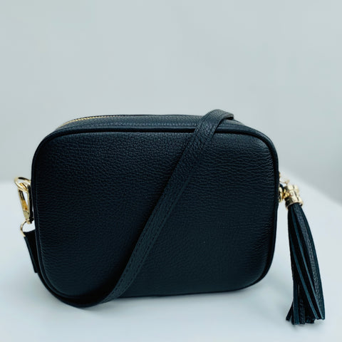 Black Leather Tassel Cross Body Bag