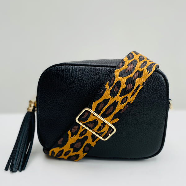 Black Leather Tassel Cross Body Bag with camel and black animal print bag strap