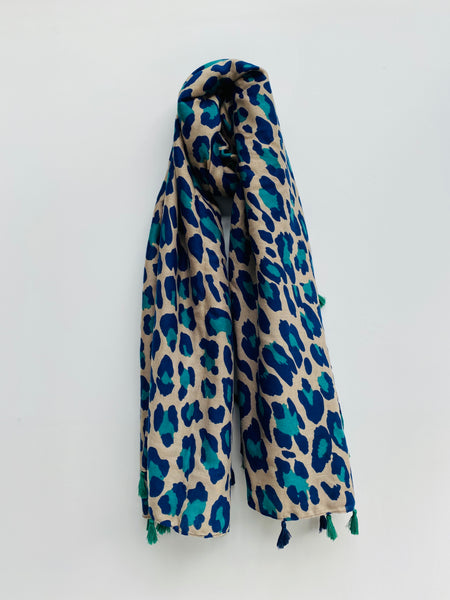 Jade Green and Navy Leopard Print Scarf