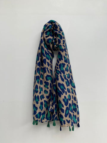 Jade Green and Navy Leopard Print Scarf