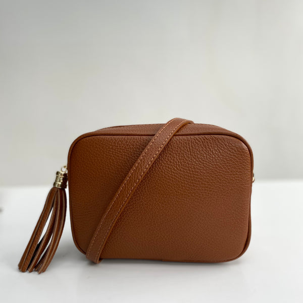 Tan Leather Tassel Cross Body Bag
