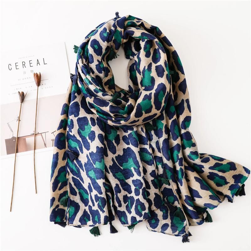 Jade Green and Navy Leopard Print Scarf
