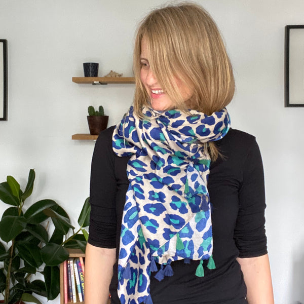 Jade Green and Navy Leopard Print Scarf worn by Cathy at Alice's Wonders