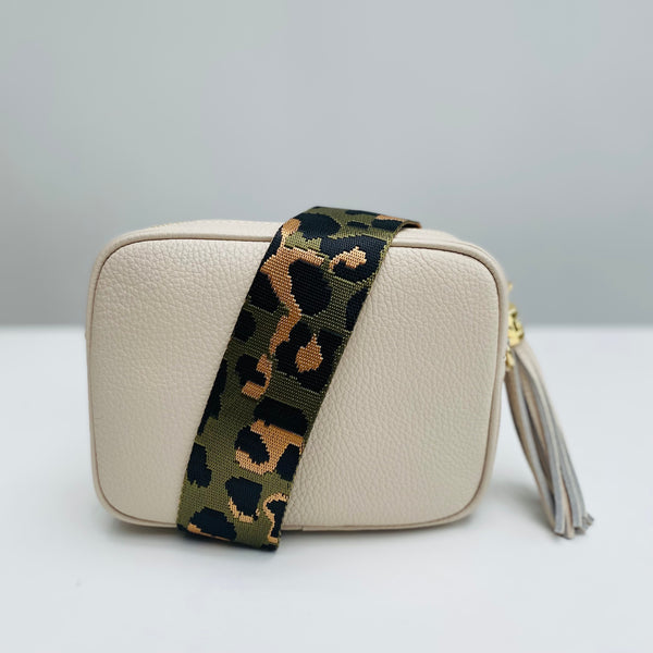 Cream Leather Tassel Cross Body Bag with khaki animal print bag strap