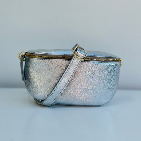 Large Silver Leather Waist Crossbody Bag