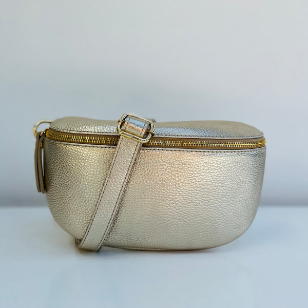 Large Gold Leather Waist Crossbody Bag