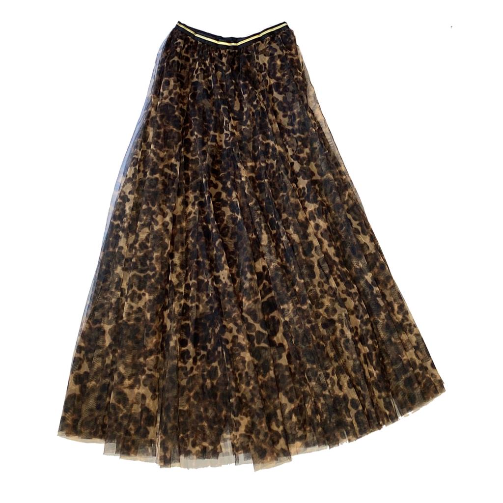 Large Leopard Print Tulle Midi Skirt with Gold Waistband