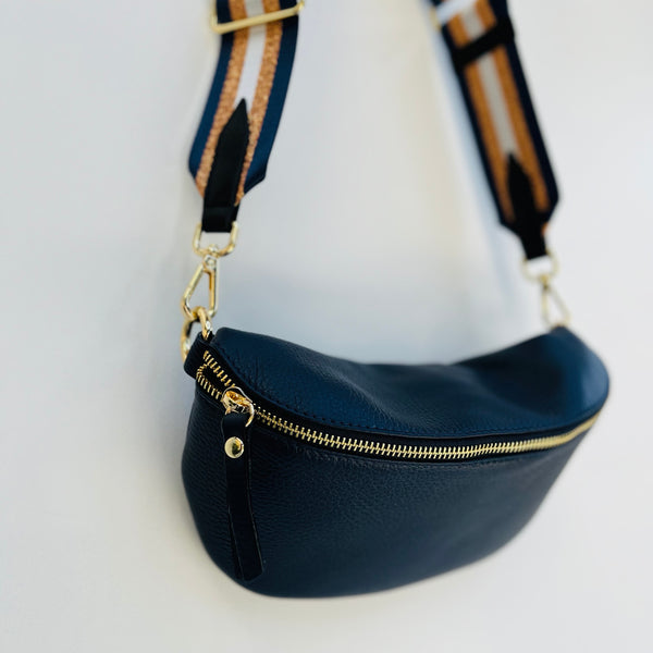 Large Navy Blue Leather Waist Crossbody Bag