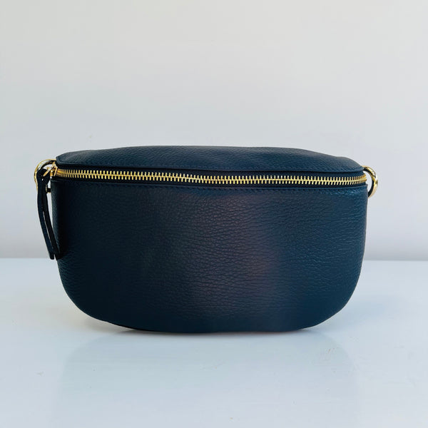 Large Navy Blue Leather Waist Crossbody Bag