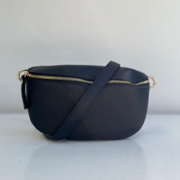 Large Navy Blue Leather Waist Crossbody Bag