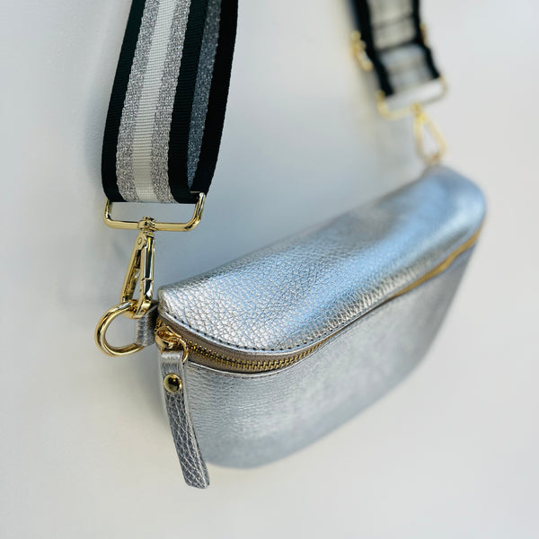 Large Silver Leather Waist Crossbody Bag with dark green and silver stripe bag strap