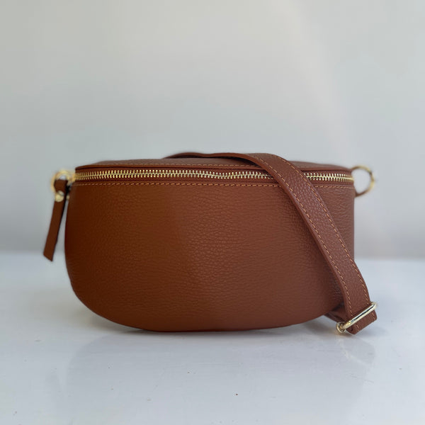 Large Tan Leather Waist Crossbody Bag