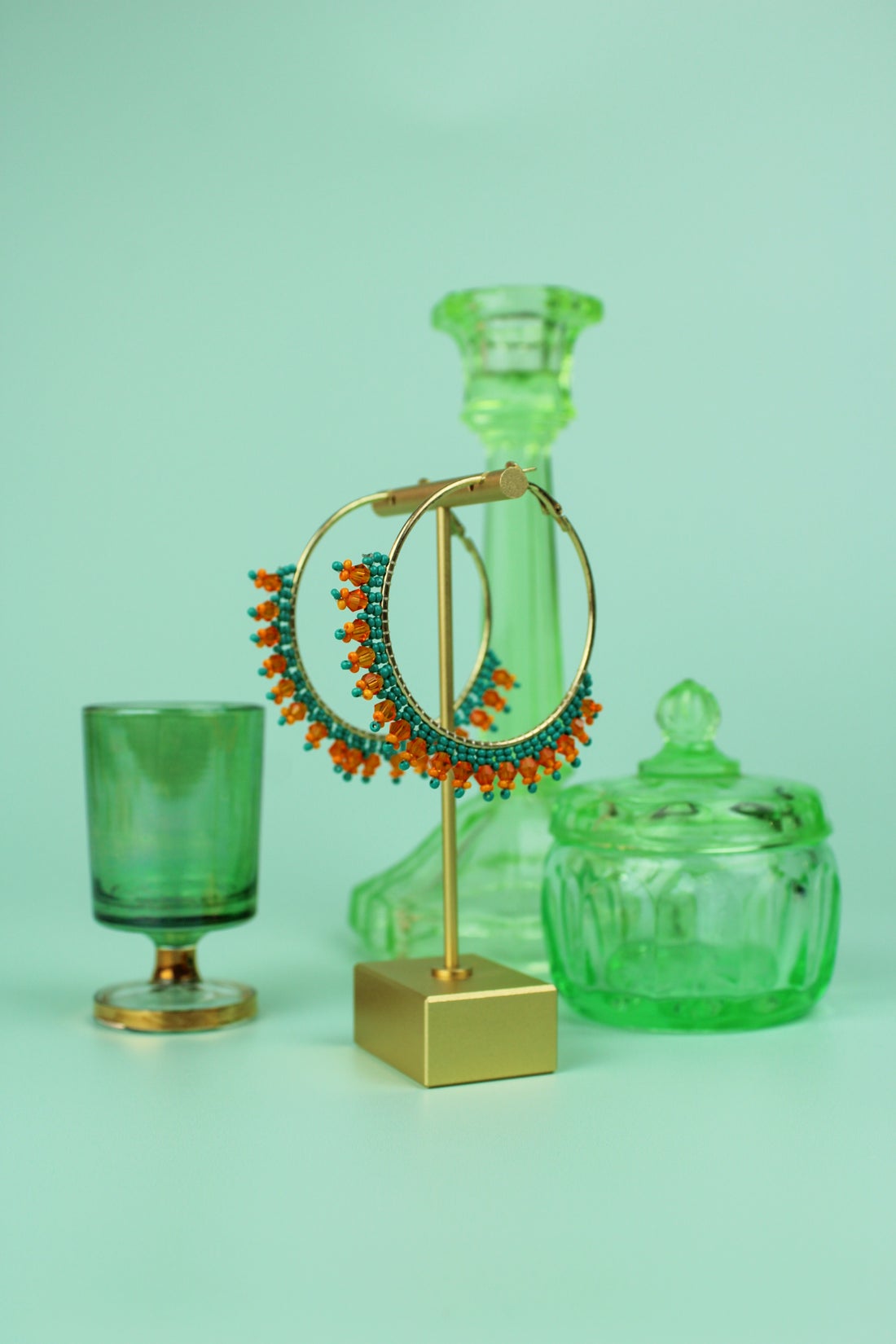 Turquoise Orange Beaded Hoop Earrings (two sizes)