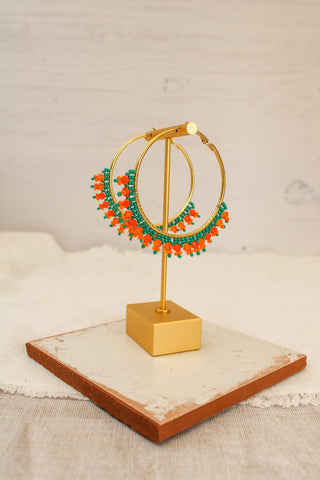 Turquoise Orange Beaded Hoop Earrings (two sizes)