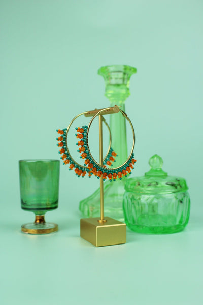 Turquoise Orange Beaded Hoop Earrings (two sizes)