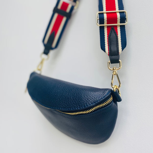 Navy Blue Leather Waist Crossbody Bag with red, navy and white bag strap