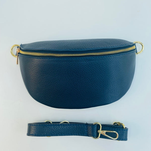 Navy Blue Leather Waist Crossbody Bag