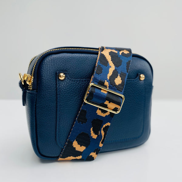 Navy Leather Double Zip Cross Body Bag wih navy and bronze animal print bag strap