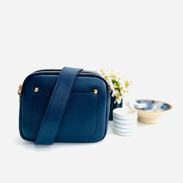 Navy Leather Double Zip Cross Body Bag
