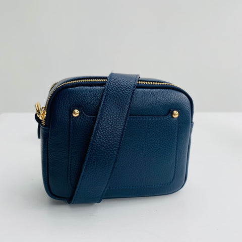 Navy Leather Double Zip Cross Body Bag