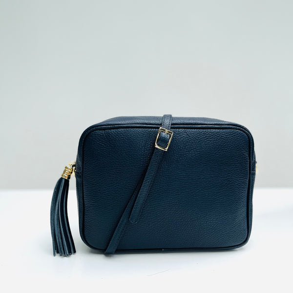 Navy Leather Large Tassel Cross Body Bag