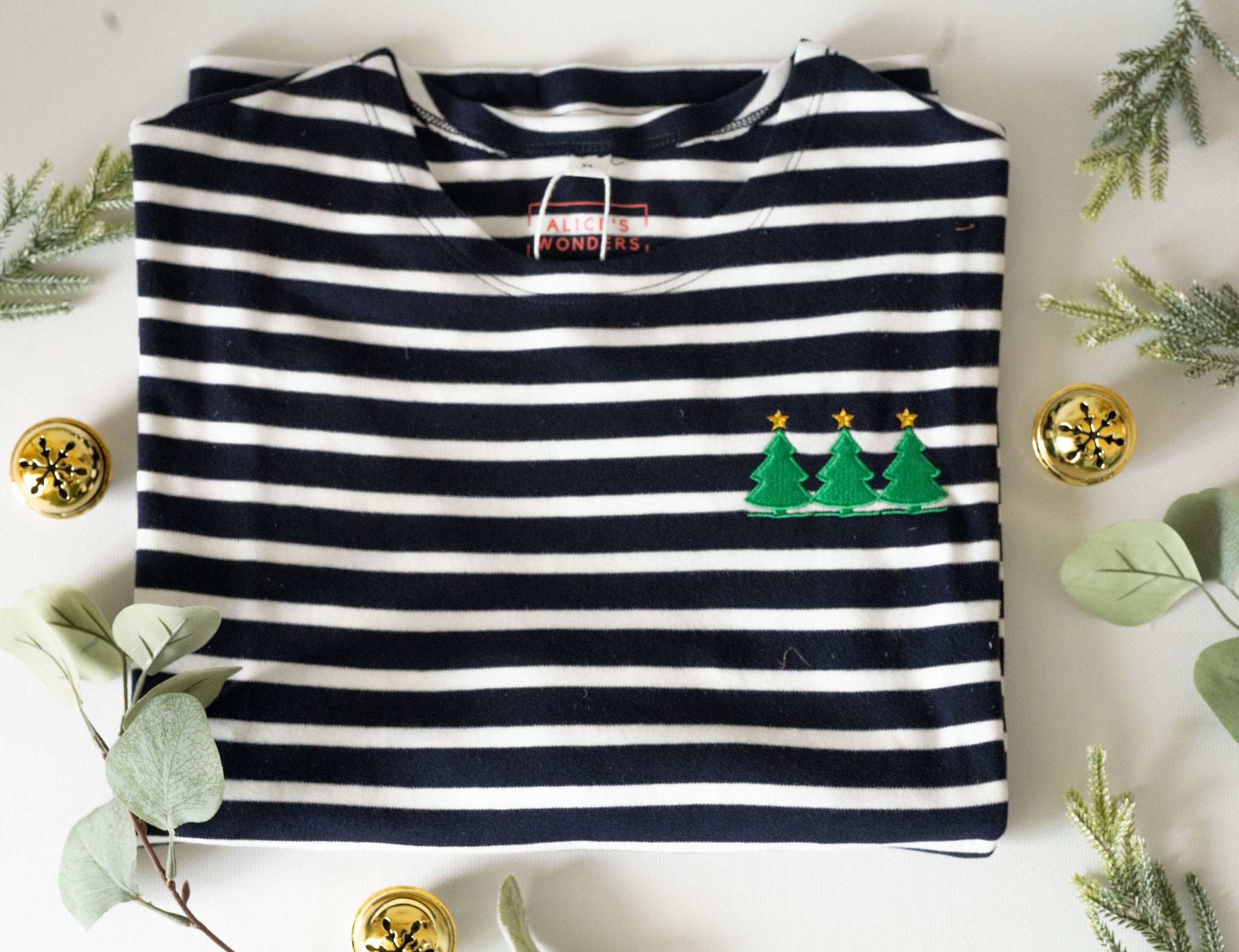 Christmas Tree Festive Embroidered Breton Tee - Navy/White