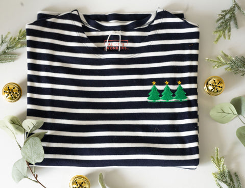 Christmas Tree Festive Embroidered Breton Tee - Navy/White