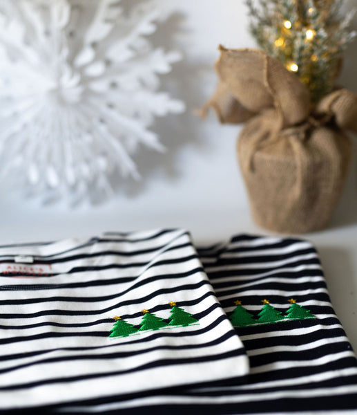 Christmas Tree Festive Embroidered Breton Tee - Navy/White