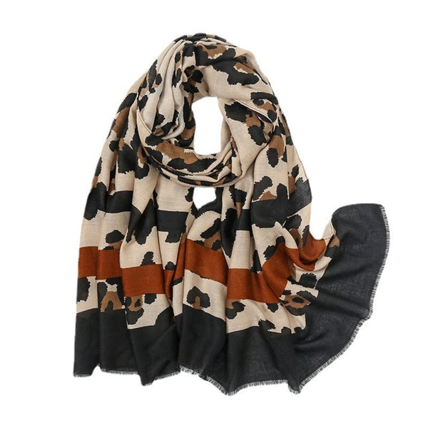 Neutrals and Camel Stripe Leopard Print Scarf