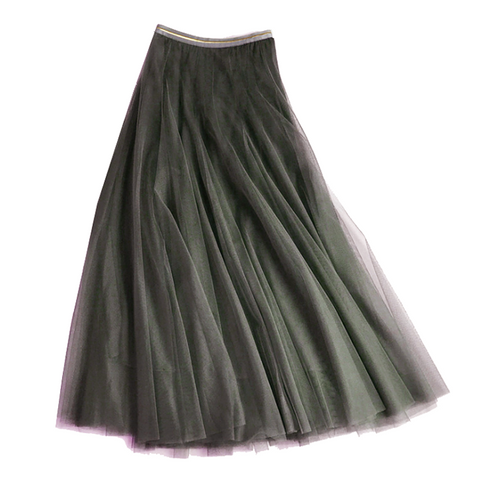 Olive Green Tulle Midi Skirt with Gold Waistband