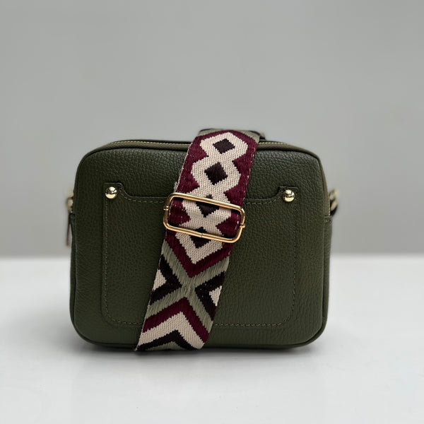 Olive Green Leather Double Zip Cross Body Bag with maroon and green aztec strap