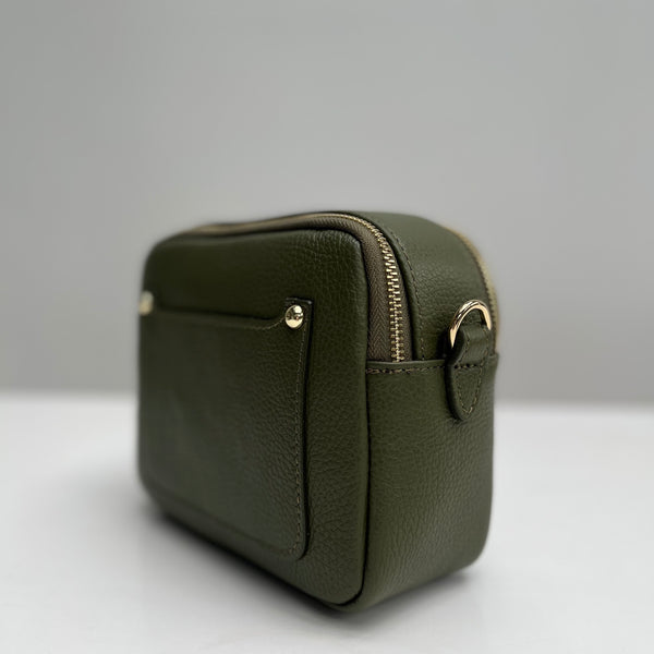 Olive Green Leather Double Zip Cross Body Bag