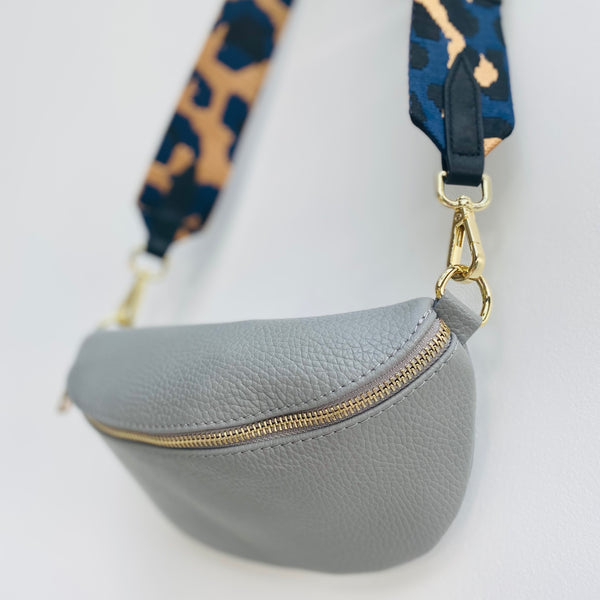 Pale Grey Leather Waist Crossbody Bag with Bronze and Navy Animal Print Bag Strap