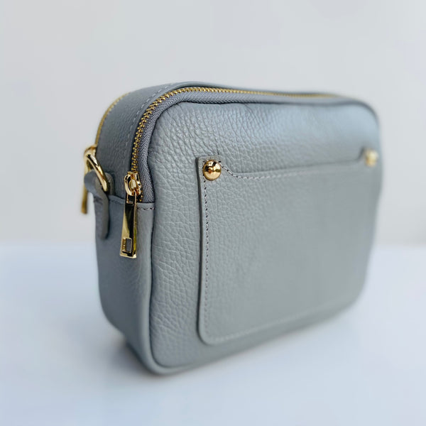 Pale Grey Leather Double Zip Cross Body Bag